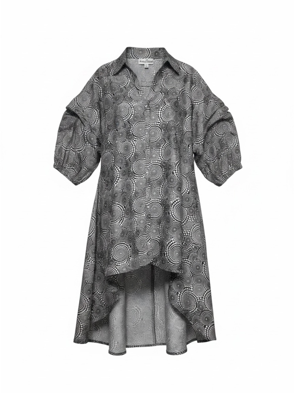 Spiral Print High-Low Oversized Shirt Dress w/ Poof Sleeve & Gemstone Buttons